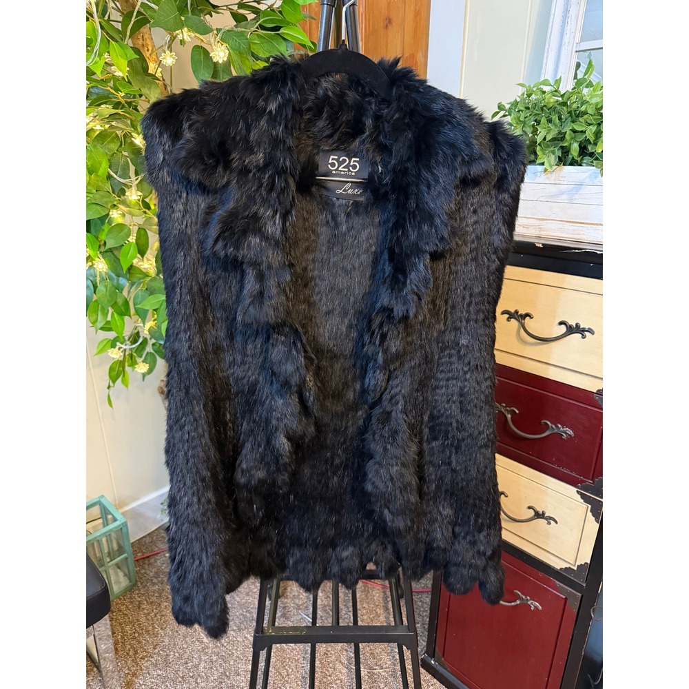 525 America Luxe Genuine Rabbit Fur Vest Black Womens Large Open Front Lux Layer